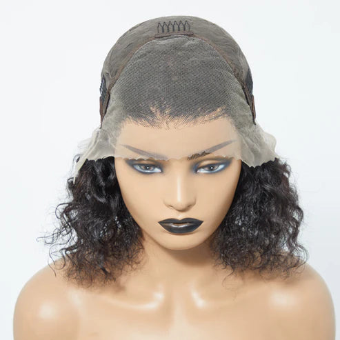12/14 Inches 13"x4" Natural Black Water Wavy Bob 3D Transparent Lace Frontal Wig-100% Human Hair