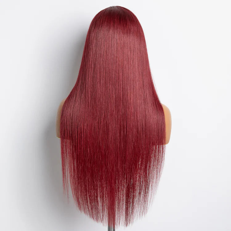 24 Inches Burgundy 13"x4" Lace Front Straight Wig Pre-Plucked Free Part 150% Density-100% Human Hair