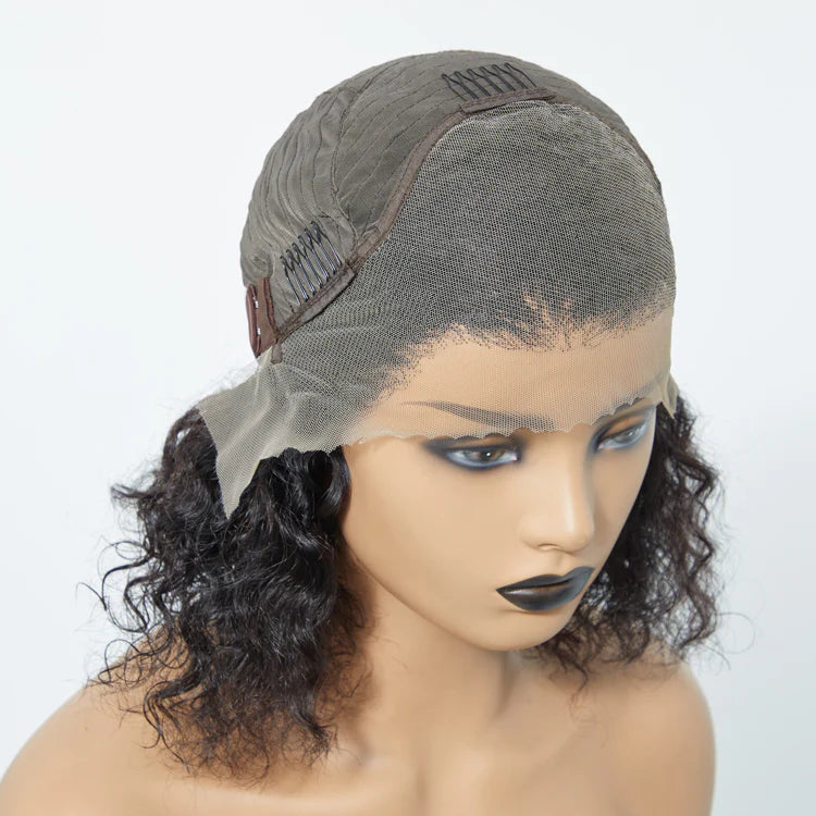 12/14 Inches 13"x4" Natural Black Water Wavy Bob 3D Transparent Lace Frontal Wig-100% Human Hair