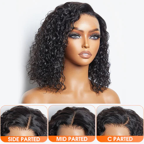 12/14 Inches 13"x4" Natural Black Water Wavy Bob 3D Transparent Lace Frontal Wig-100% Human Hair